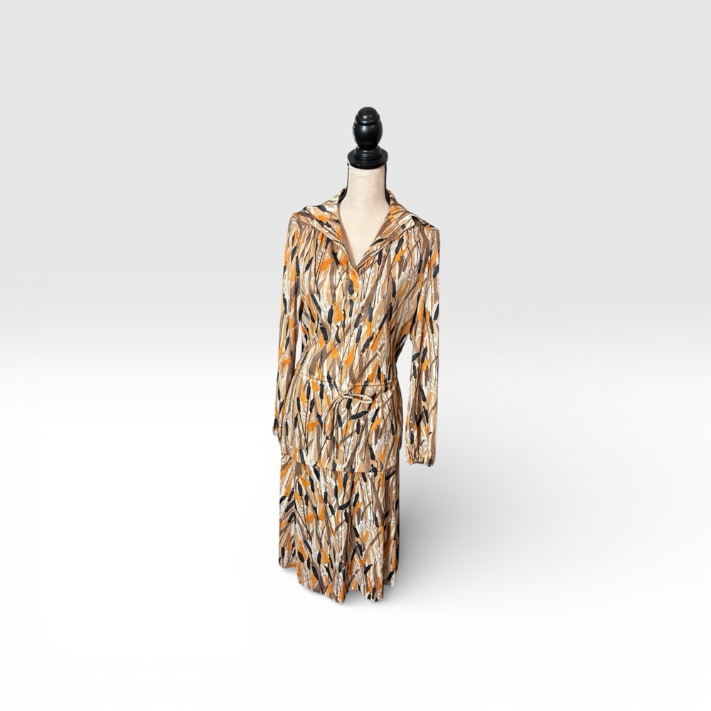 Act III Abstract Print Shirt Dress Vintage Look Tan Orange Black Belted